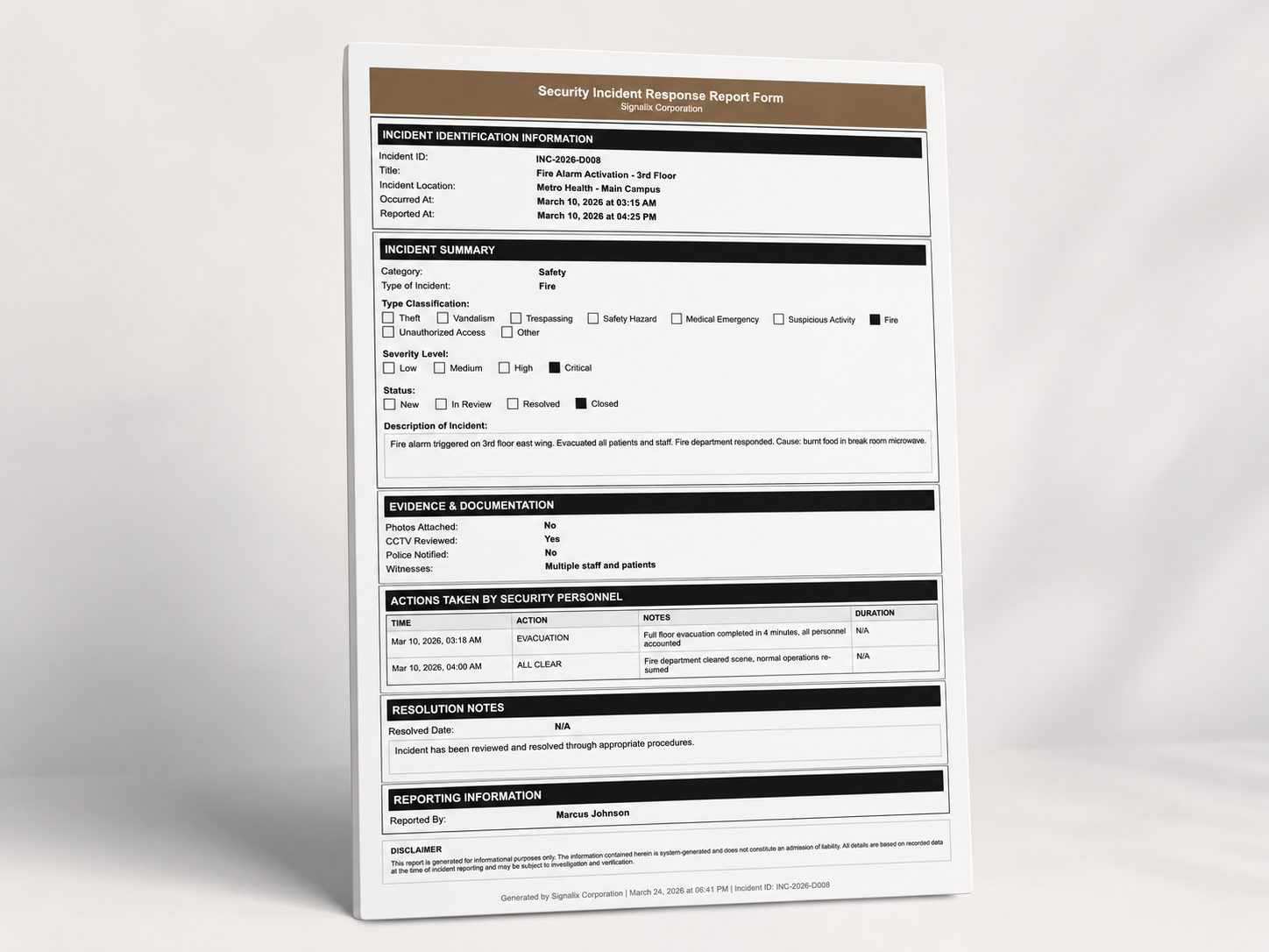 Signalix structured incident report form