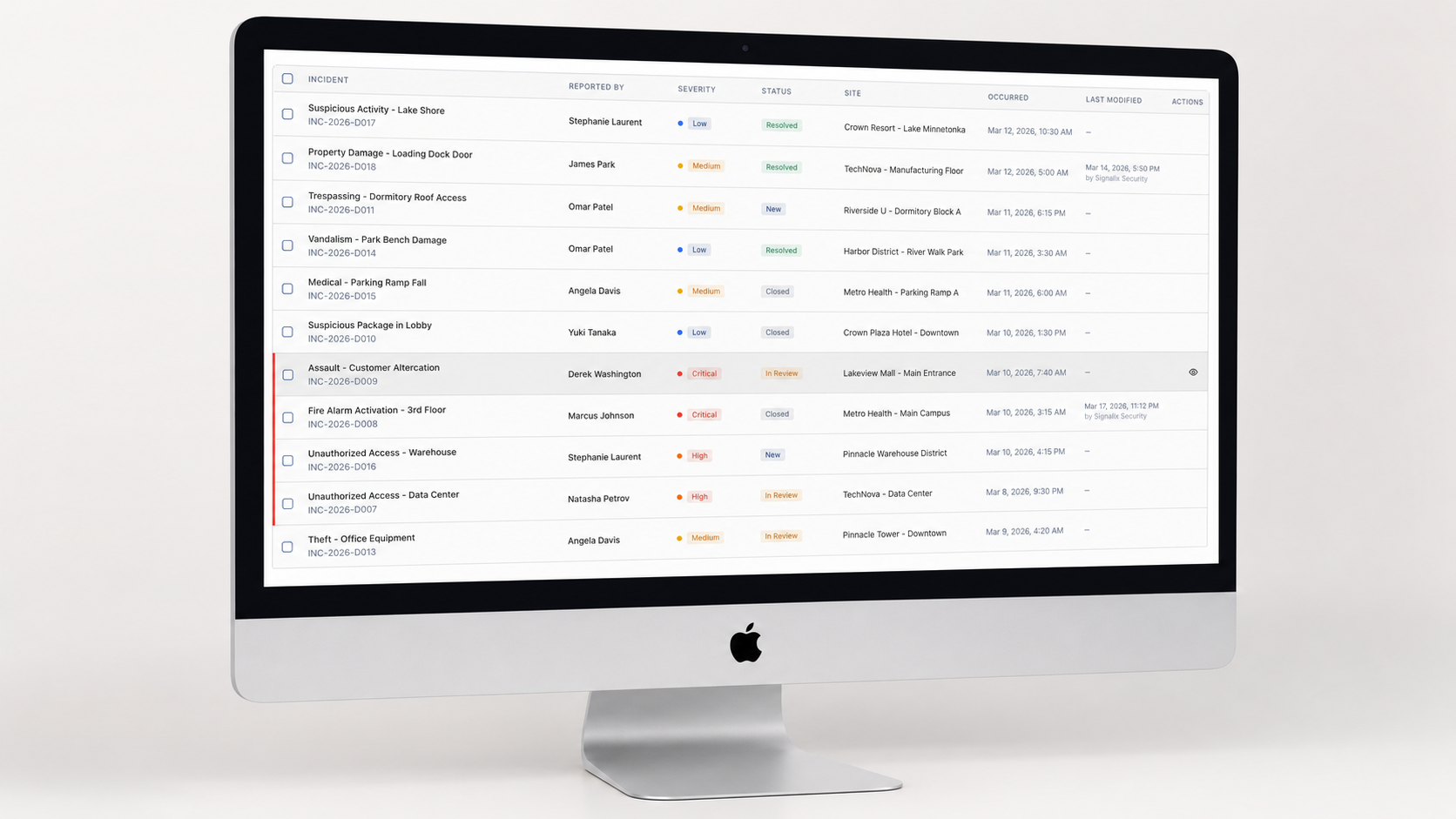 Signalix incident list on desktop